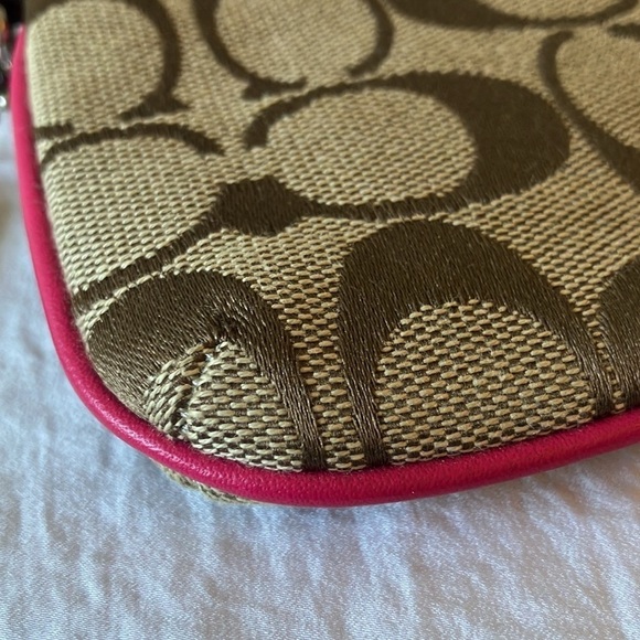 Coach: Khaki/Pink Signature Canvas/Leather wristlet/Clutch- 2 card slots - Picture 6 of 16